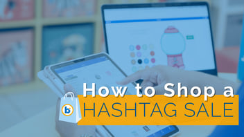 Hand using tablet to browse Boom Learning digital resources with laptop showing a gumball machine activity and text overlay 'How to Shop a HASHTAG SALE