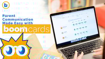 Laptop showing Boom Cards student progress reports, with text that reads 