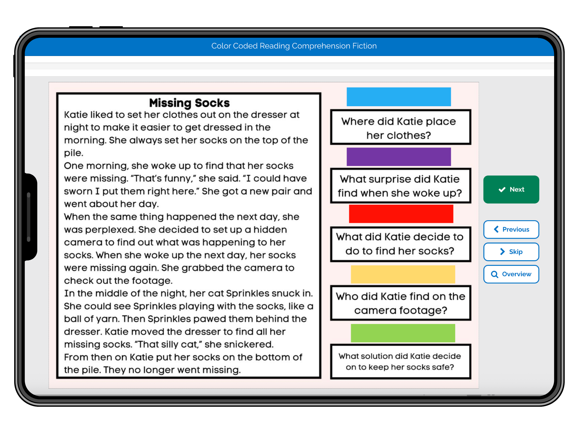 Color Coded Reading Comprehension Fiction
