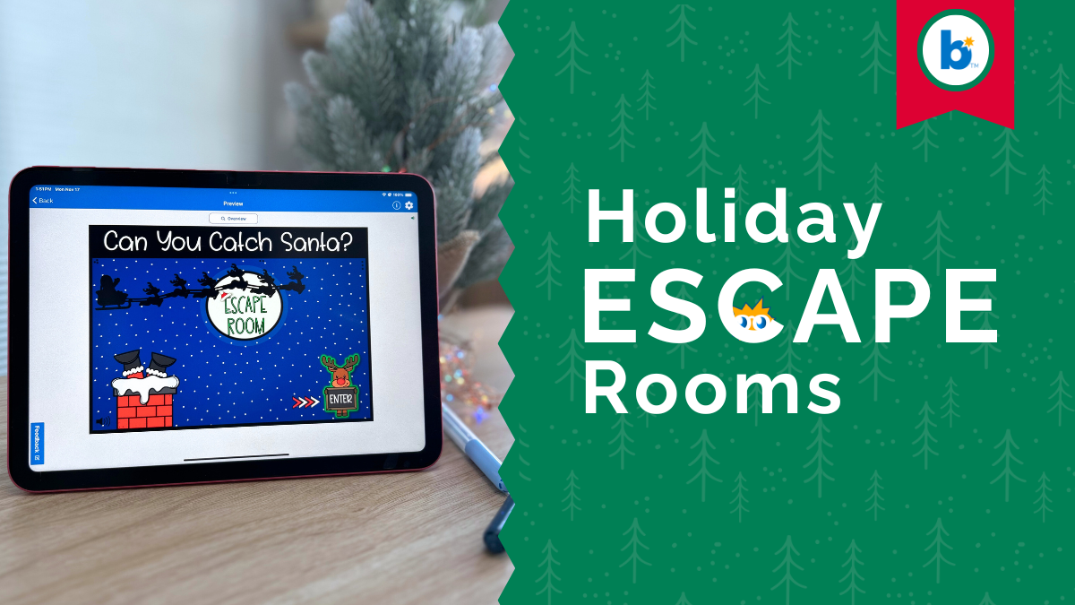 Tablet displaying a Boom Cards Holiday Escape Room titled “Can You Catch Santa?” with festive graphics and trees in the background. Text reads “Holiday Escape Rooms” alongside the Boom Learning logo.