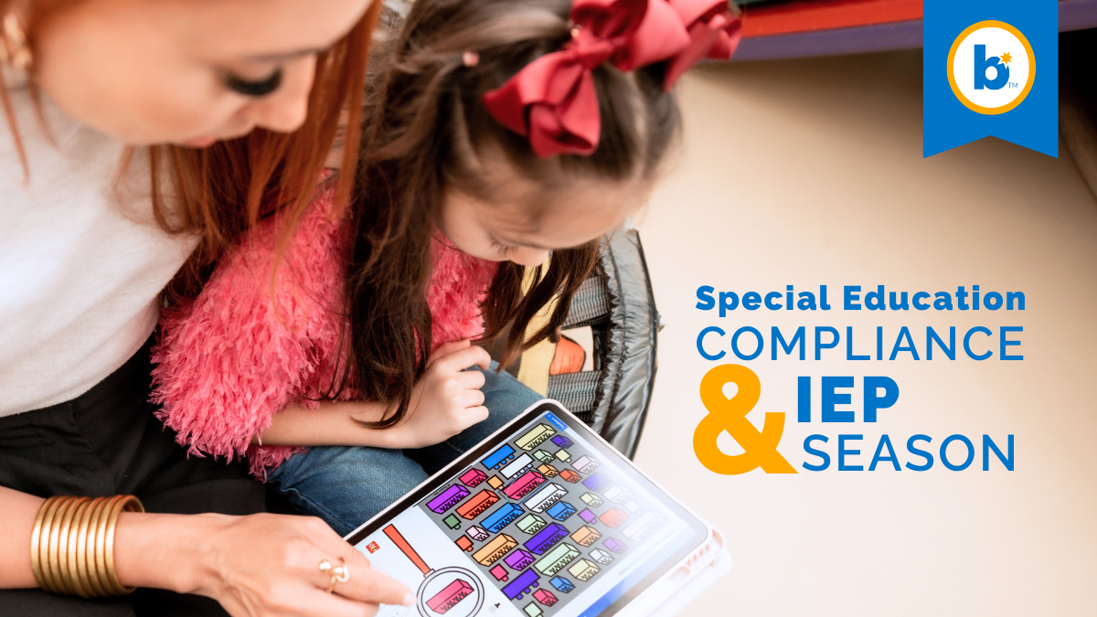 A teacher and young girl sit together looking at a tablet displaying a colorful Boom learning activity, with text that reads 